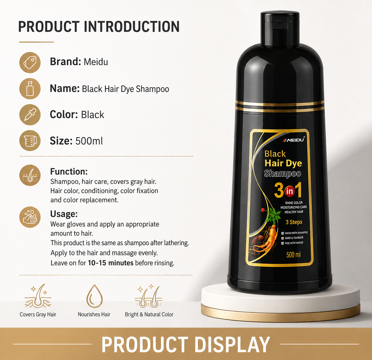 Meidu Black Hair Dye Shampoo - Premium Plant-Based Foam