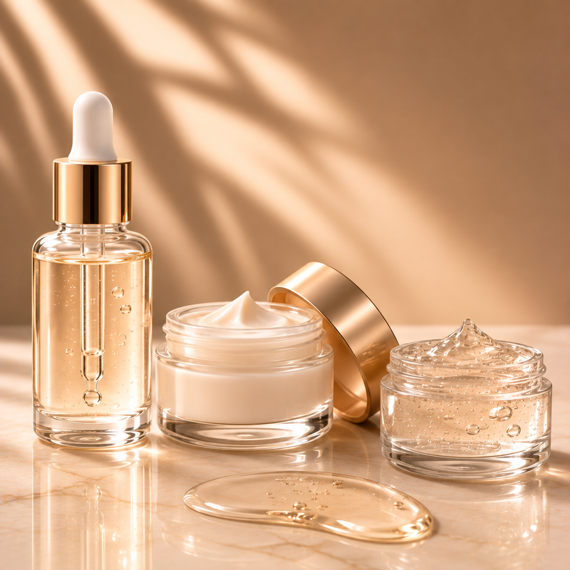 Skincare serum and moisturizer jars on marble