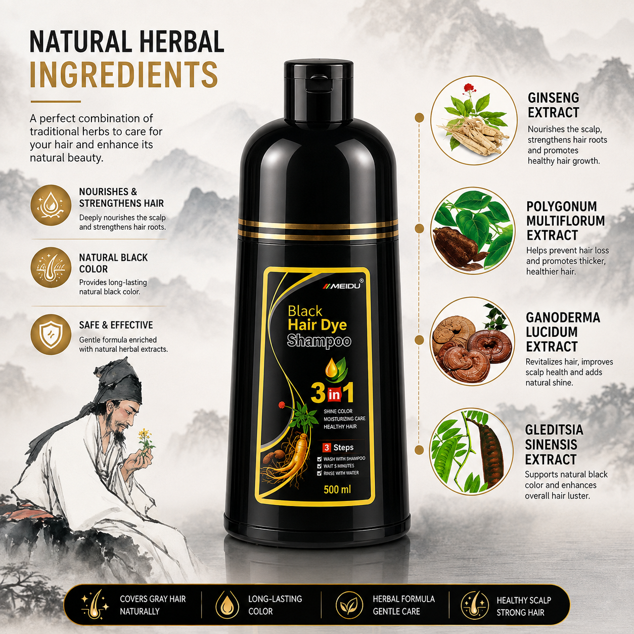 Meidu Black Hair Dye Shampoo - Premium Plant-Based Foam