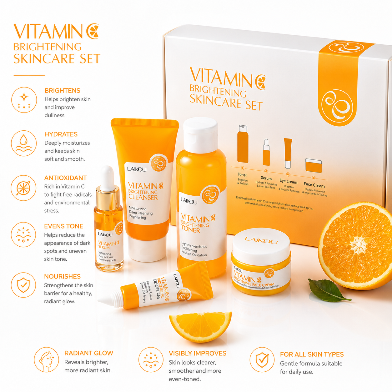 LAIKOU Vitamin C Brightening & Anti-Aging Skincare Set (5 Pieces)