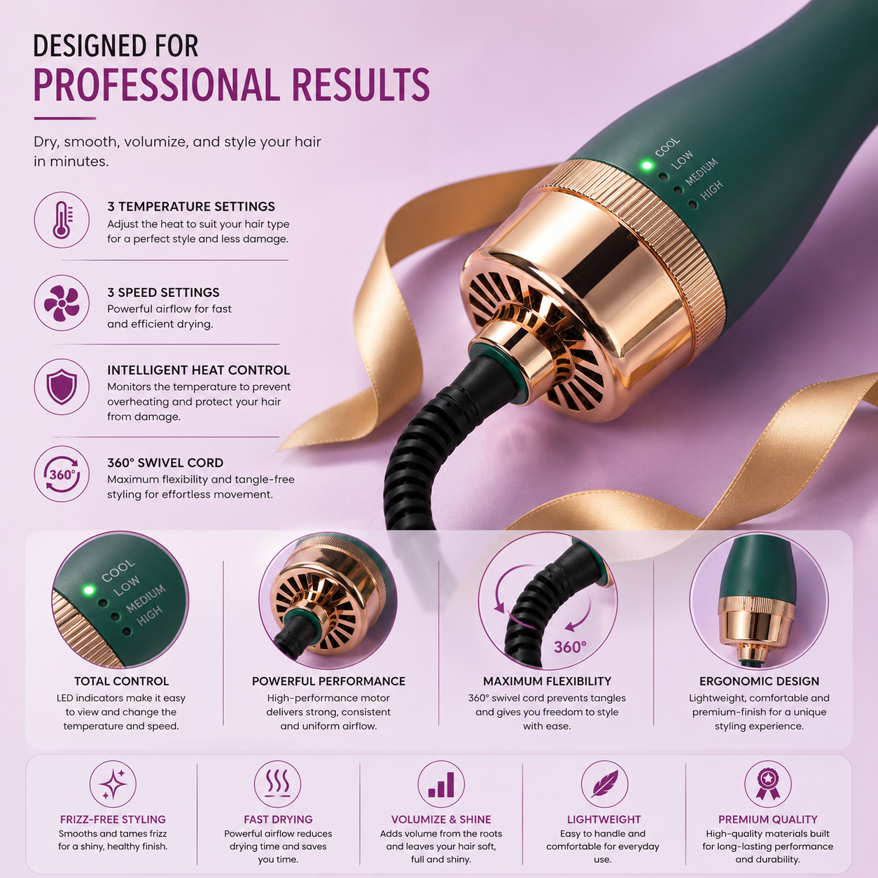 Professional 3-in-1 Hot Air Styler & Hair Dryer Brush