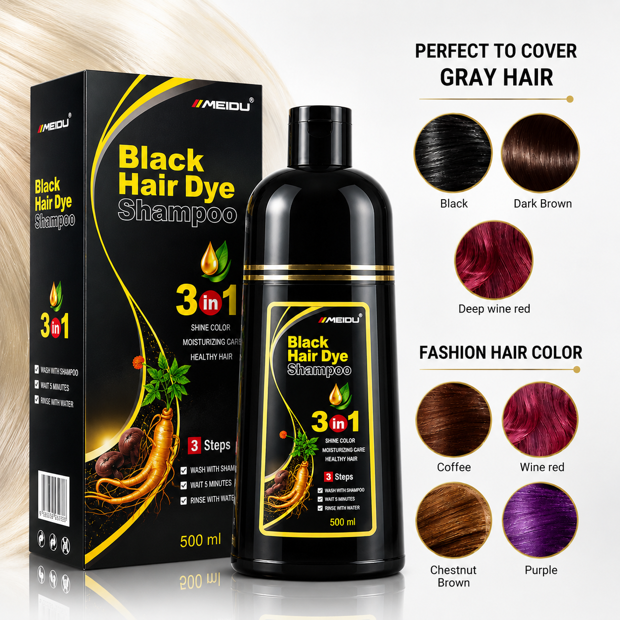 Meidu Black Hair Dye Shampoo - Premium Plant-Based Foam