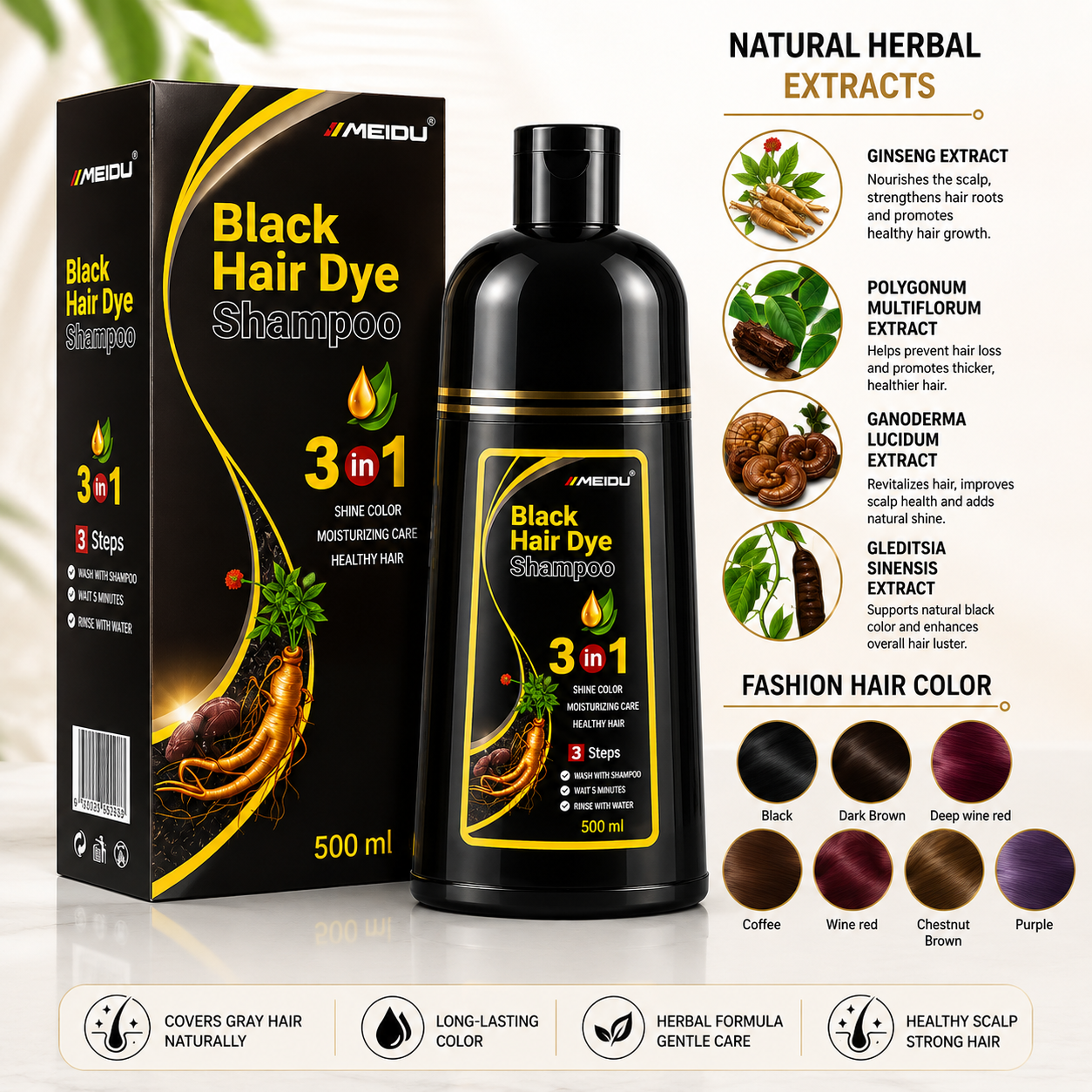 Meidu Black Hair Dye Shampoo - Premium Plant-Based Foam