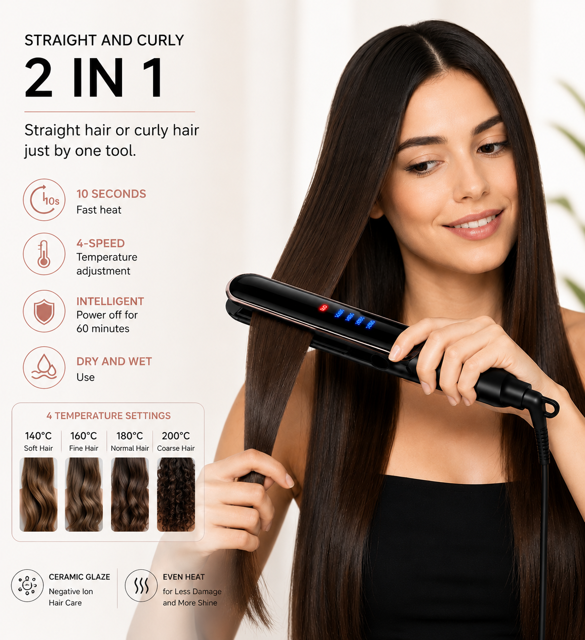 Professional 2-in-1 Ceramic Hair Straightener & Curling Iron