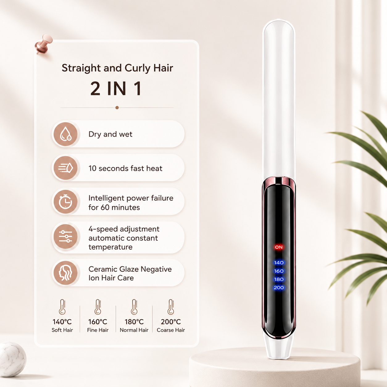 Professional 2-in-1 Ceramic Hair Straightener & Curling Iron